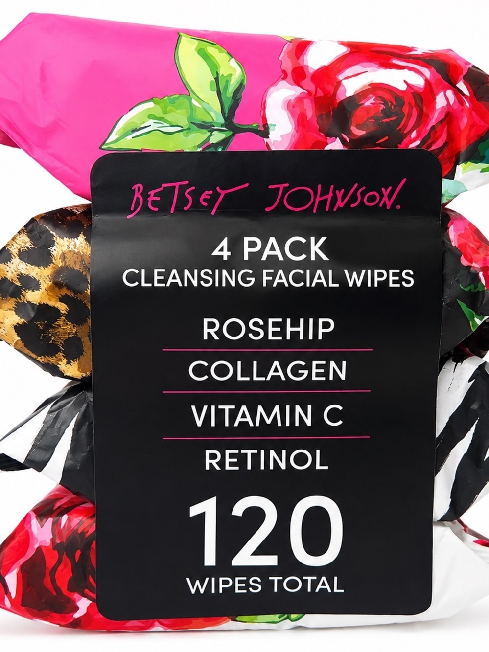 Betsey Johnson Floral Facial Wipes 4 Pack Rosehip Collagen Vitamin C Retinol NWT